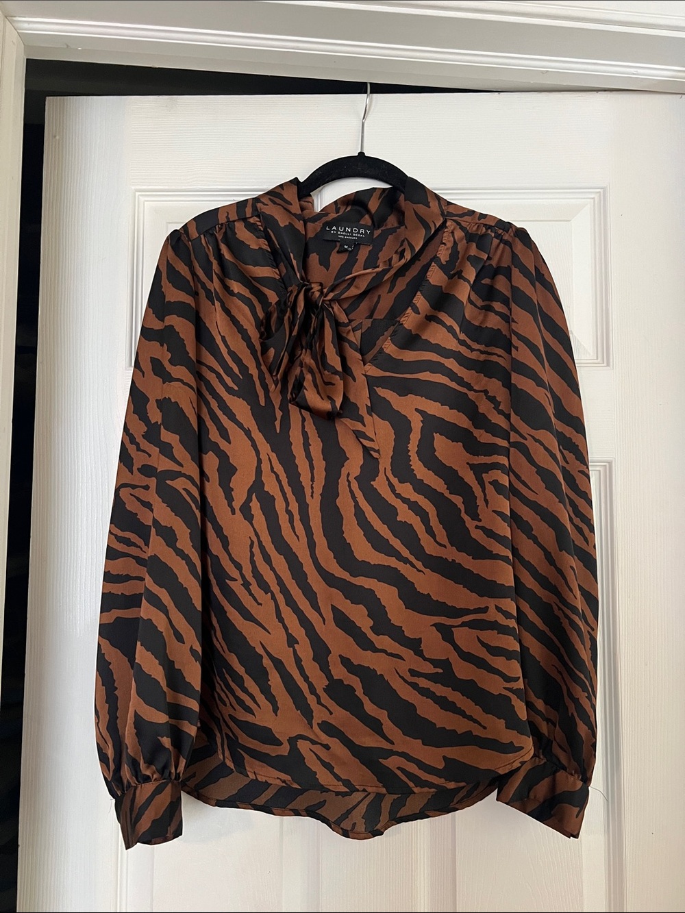 Laundry By Shelli Segal Brown and Black Tiger-Print Tie-Neck Blouse
